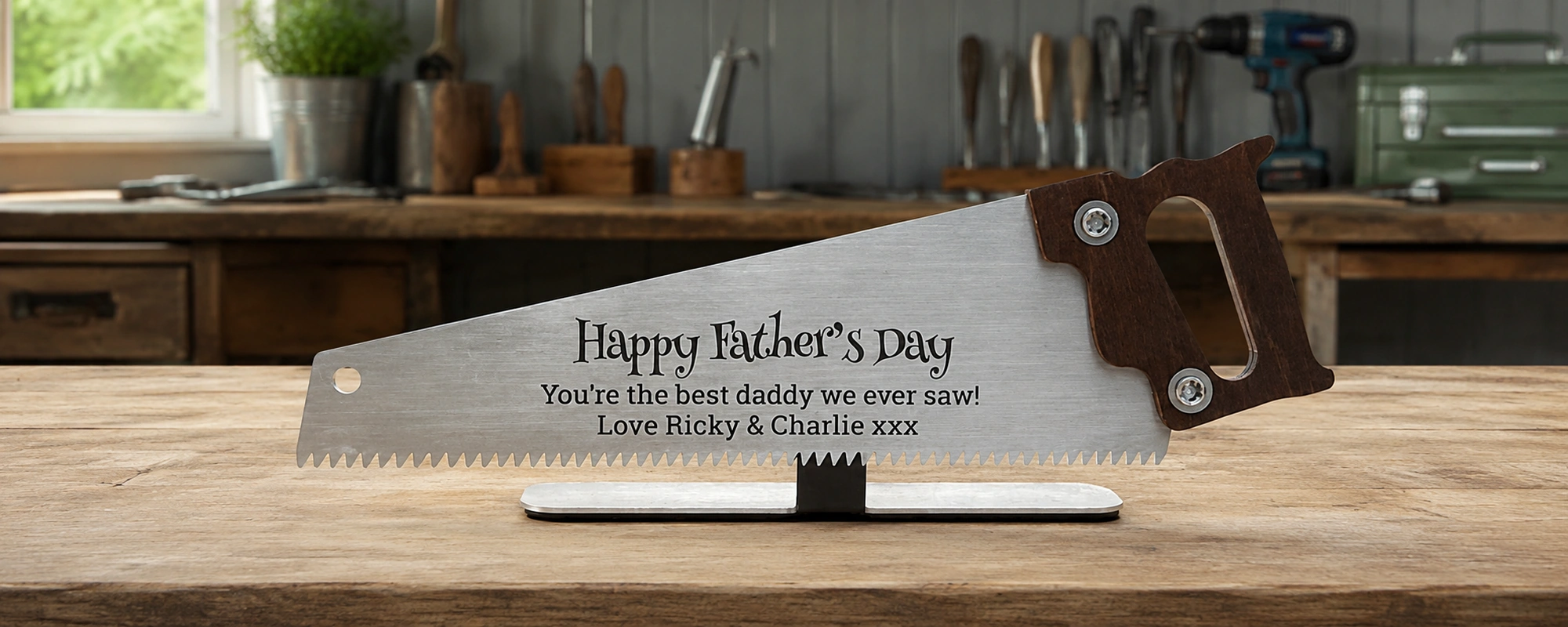 Personalised Father's Day Saw Ornament — brushed stainless steel with wooden handle