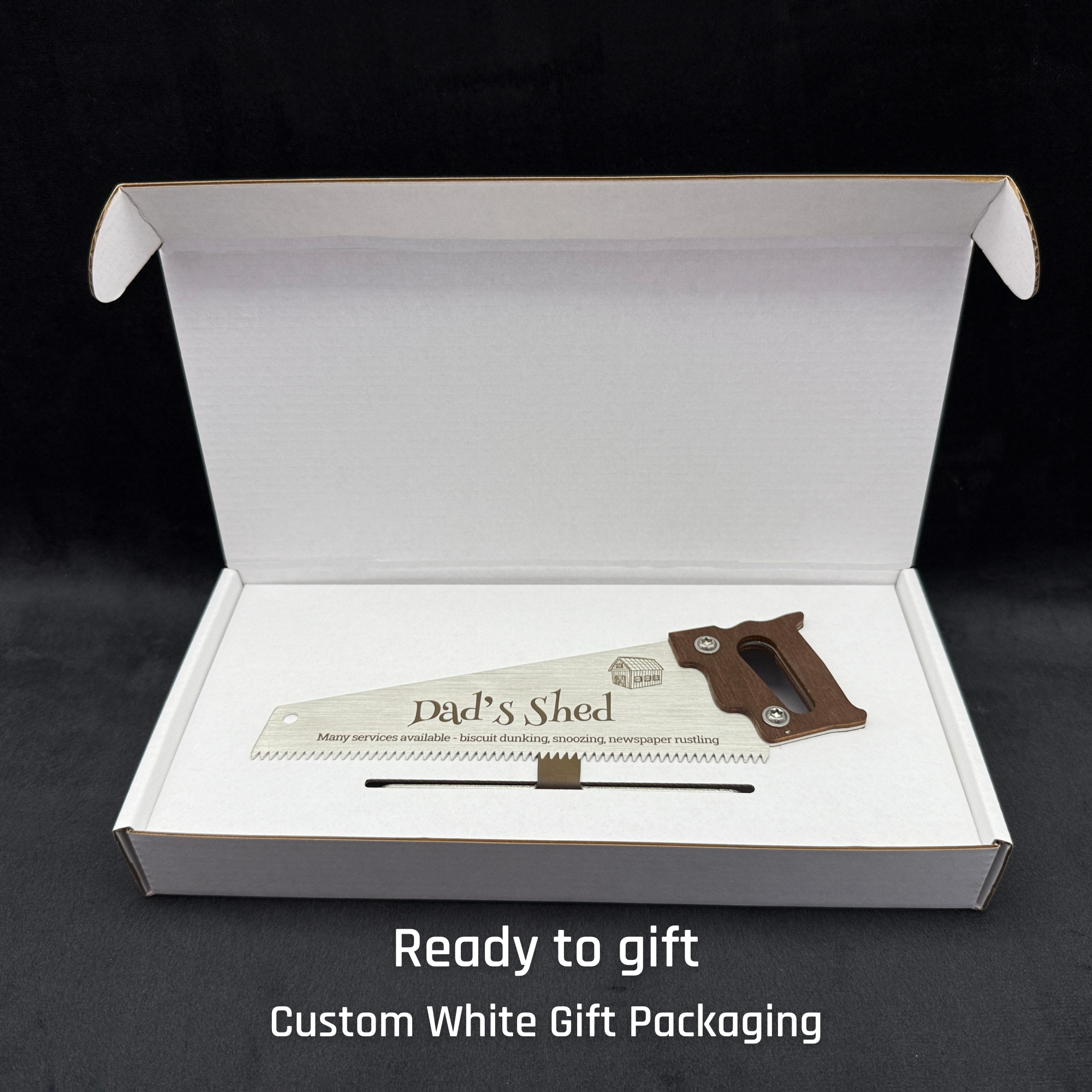 Personalised saw in custom white gift packaging