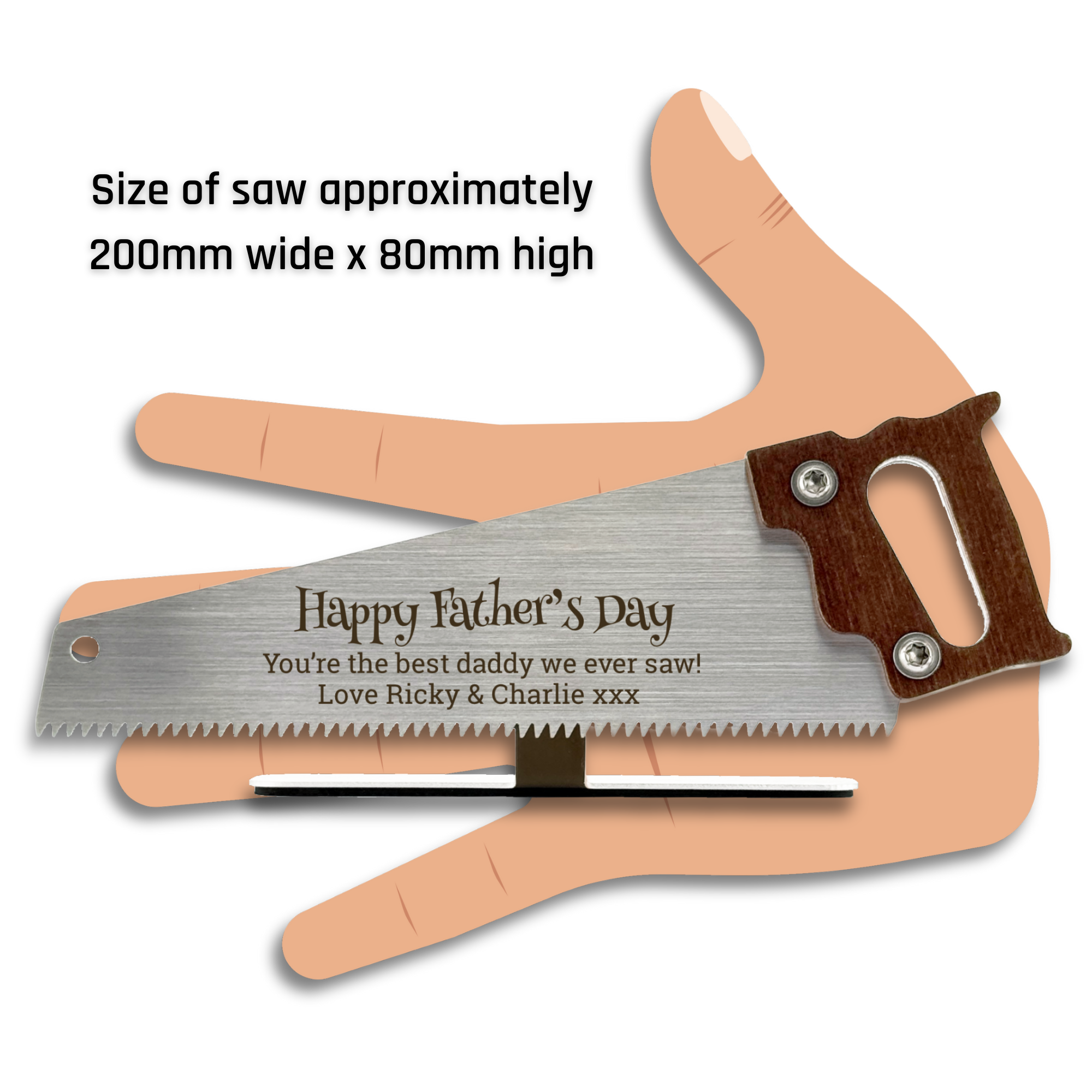 Personalised saw ornament held in hand showing size — approximately 200mm wide